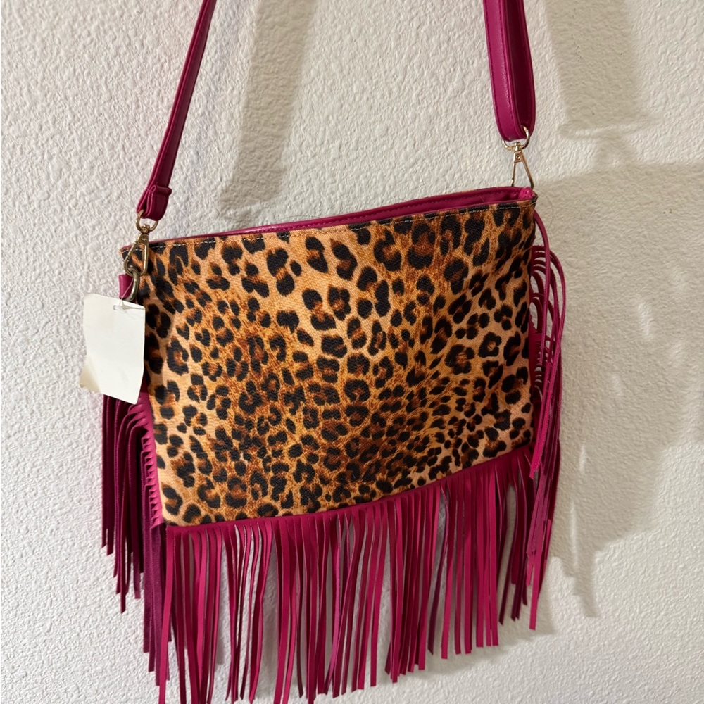 Leopard Print Fringe Shoulder Bag - Picture 2 of 4